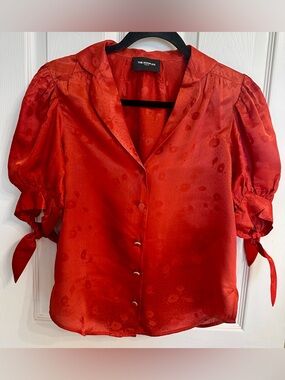 The Kooples Mandarin Jacquard Puffed Sleeve Button-Up Blouse NWT $275 Size S